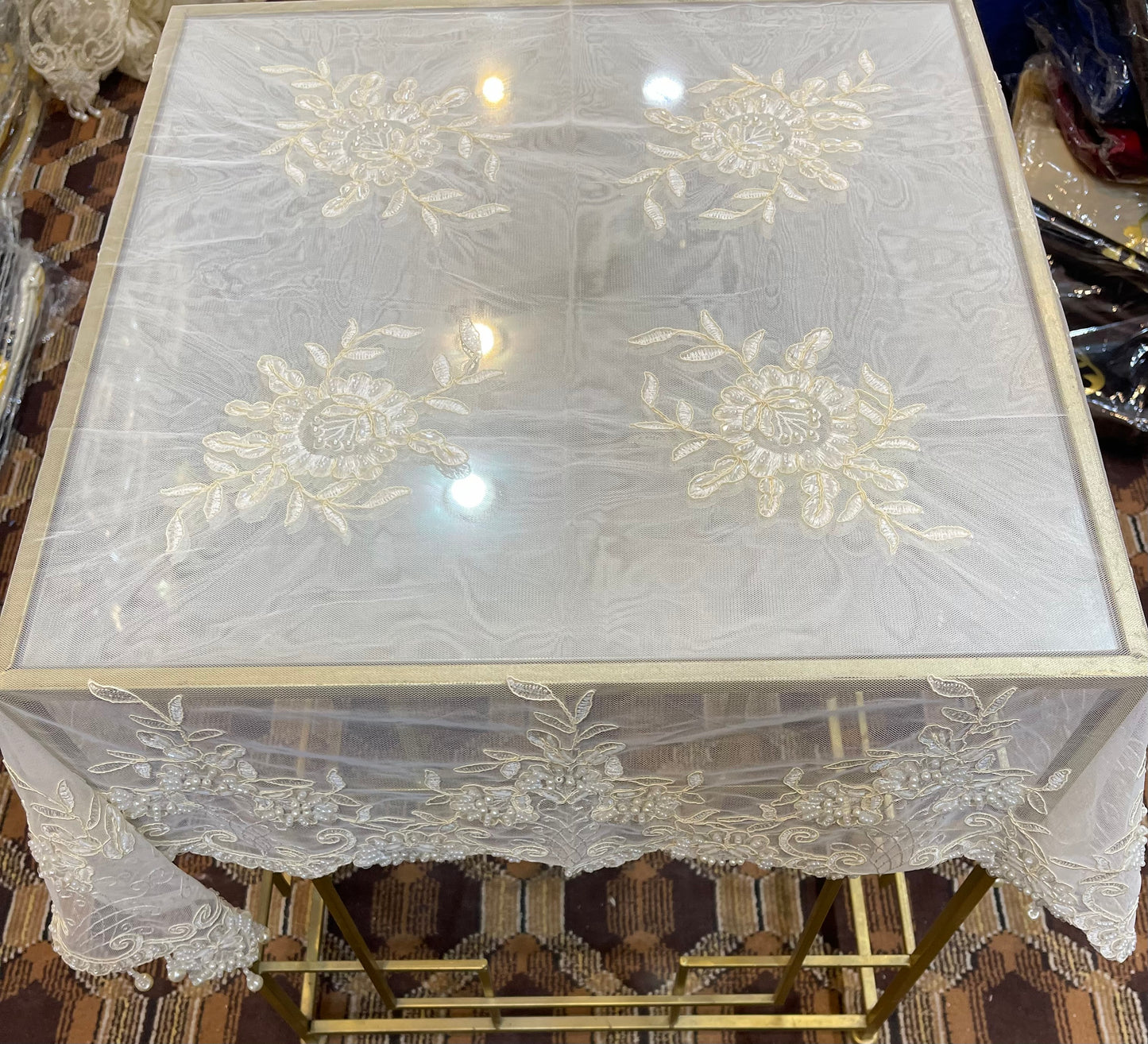 Square Table Fancy Beads Handmade Cover 3 Feet