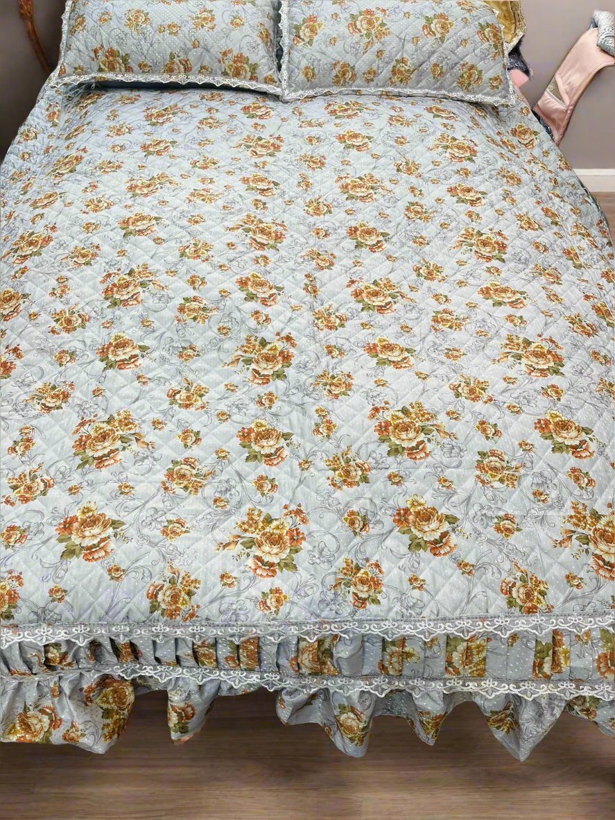 Shanghai Frill Printed Quilted Bedsheet 3pc