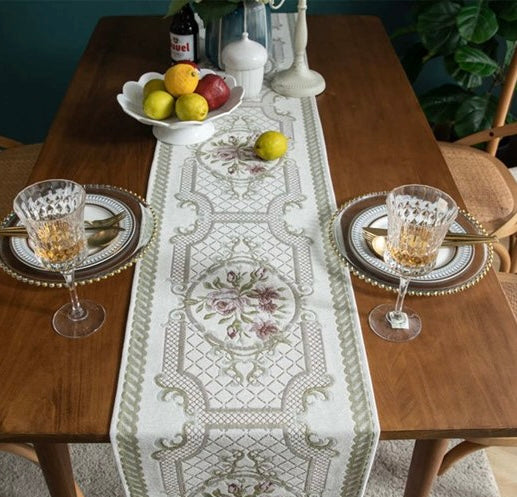 White Velvet Embroidered Dining Table Runner