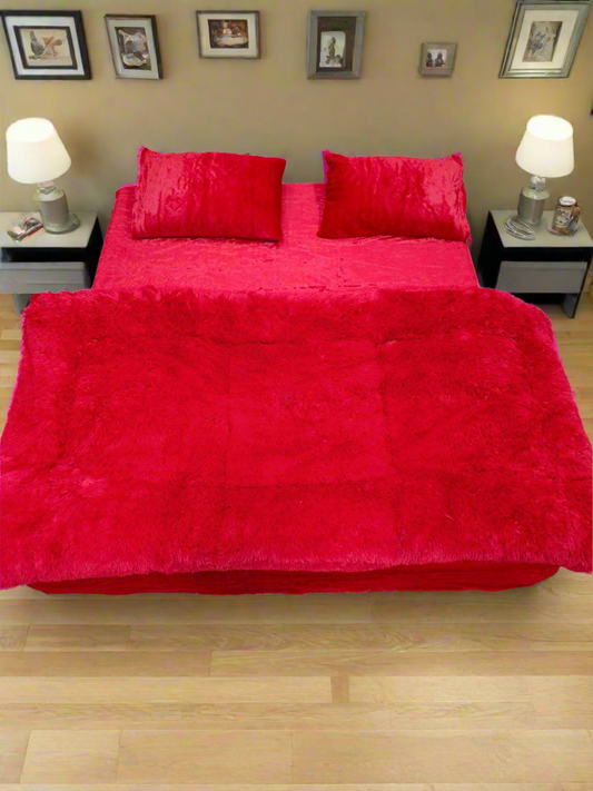 Complete 4pc Shaggy Soft Faux Fur Set ( Red )