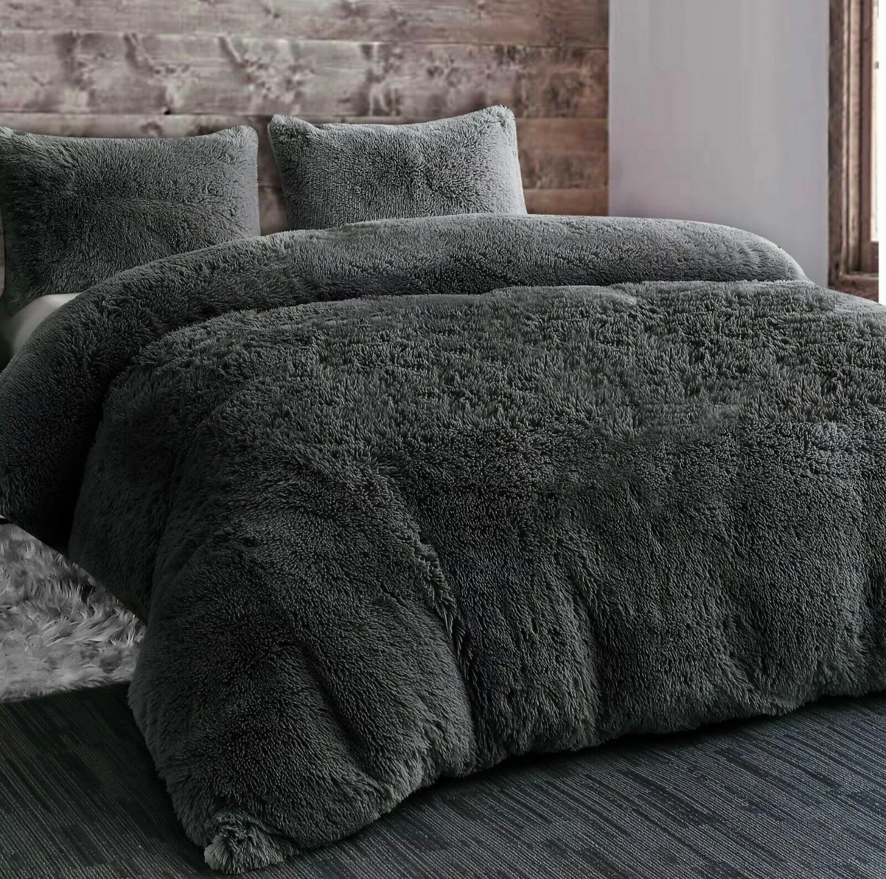 Complete 4pc Shaggy Soft Faux Fur Set ( Dark Grey )