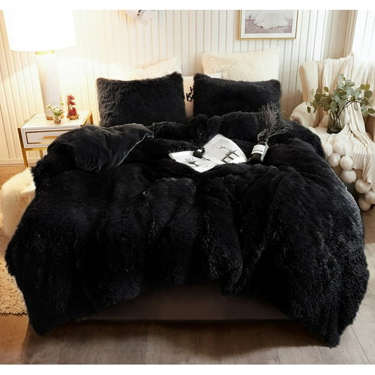 Complete 4pc Shaggy Soft Faux Fur Set ( Black )
