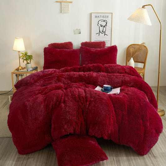 Complete 4pc Shaggy Soft Faux Fur Set ( Maroon )