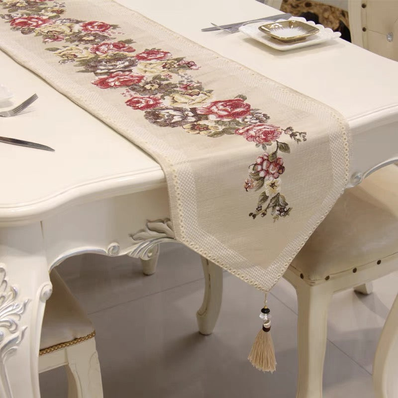 White Flower Velvet Shanghai Dining / Center Table Runner
