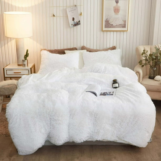 Complete 4pc Shaggy Soft Faux Fur Set ( White )