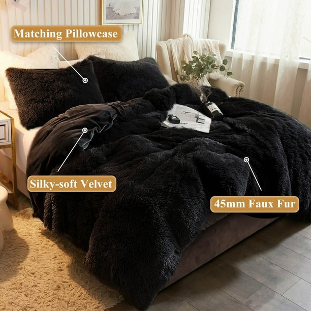 Complete 4pc Shaggy Soft Faux Fur Set ( Black )