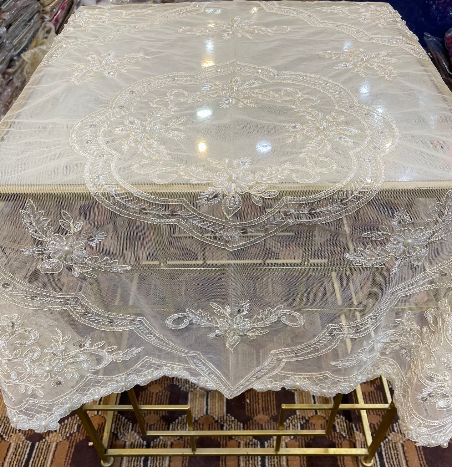 Square Table Fancy Beads Handmade Cover 3 Feet