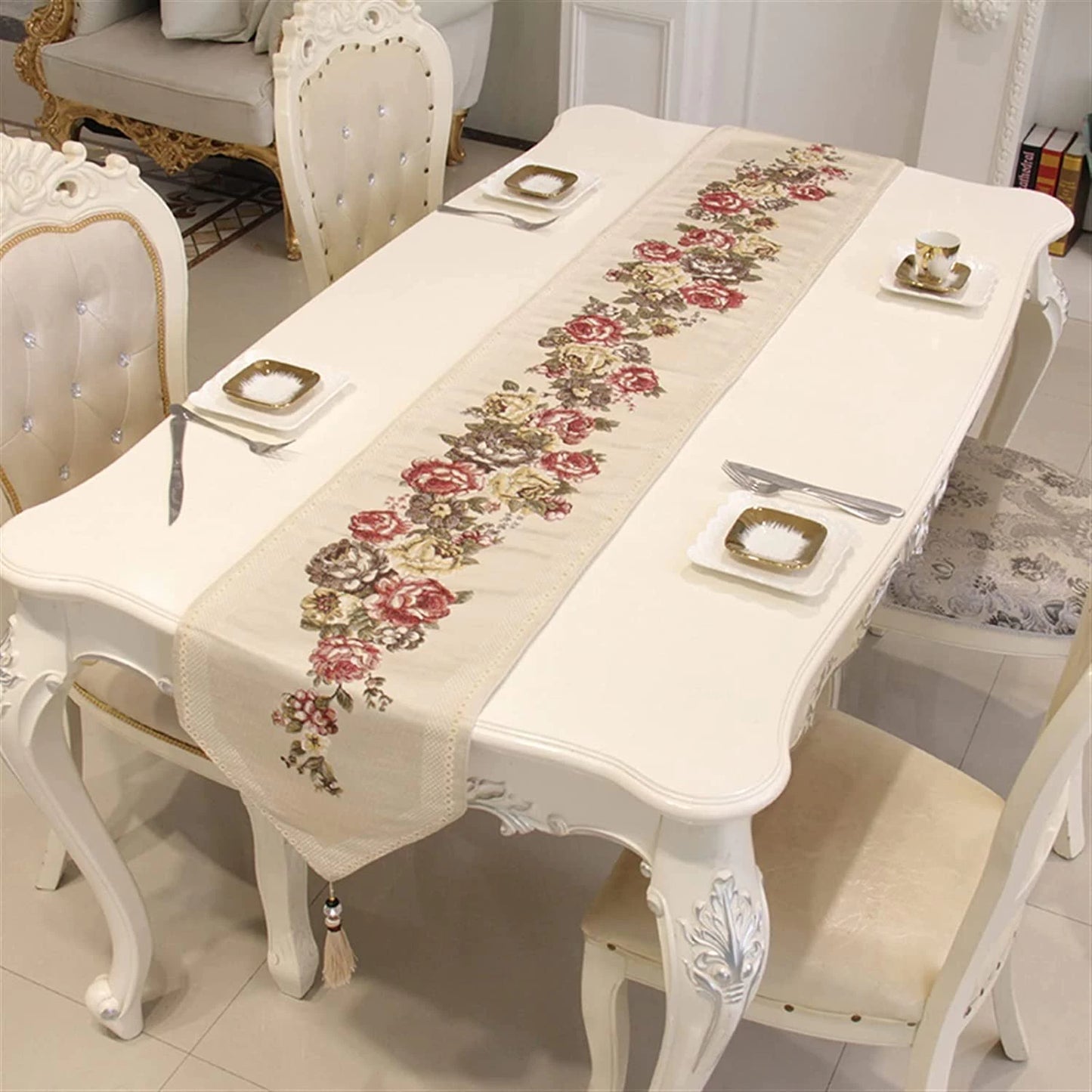 White Flower Velvet Shanghai Dining / Center Table Runner