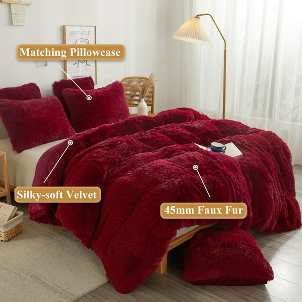 Complete 4pc Shaggy Soft Faux Fur Set ( Maroon )