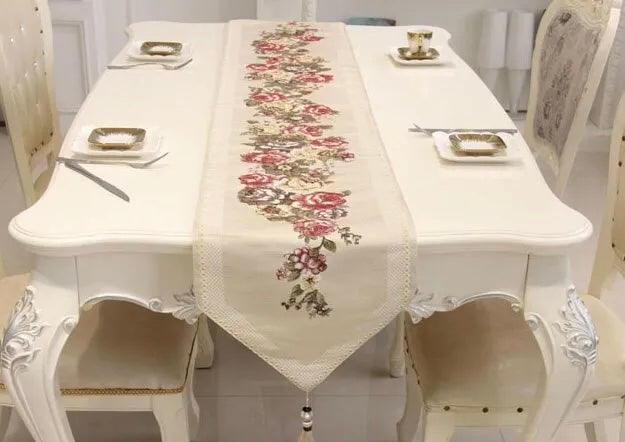 White Flower Velvet Shanghai Dining / Center Table Runner