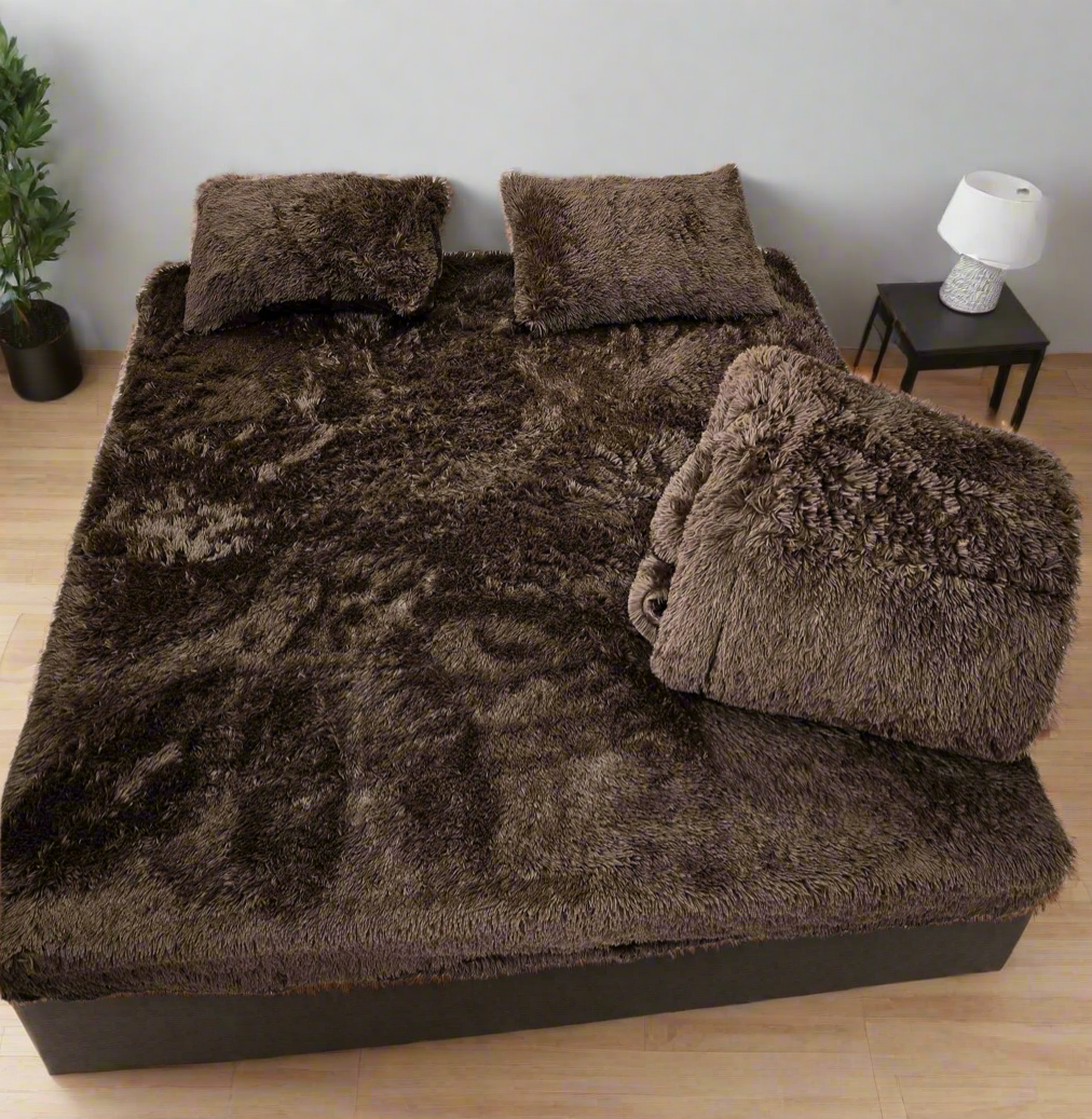 Complete 4pc Shaggy Soft Faux Fur Set ( Dark Brown )
