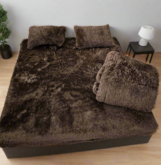 Complete 4pc Shaggy Soft Faux Fur Set ( Dark Brown )