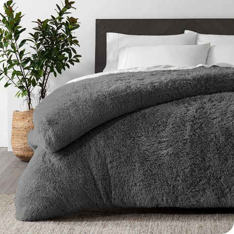 Shaggy 1 pc Soft Faux Fur Filled Quilt / Razai ( Dark Grey ) King Size Ali Bedding Store