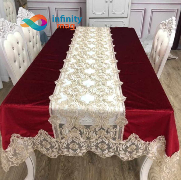 6 CHAIR , Velvet Border Mid Lace Dining Table Sheet