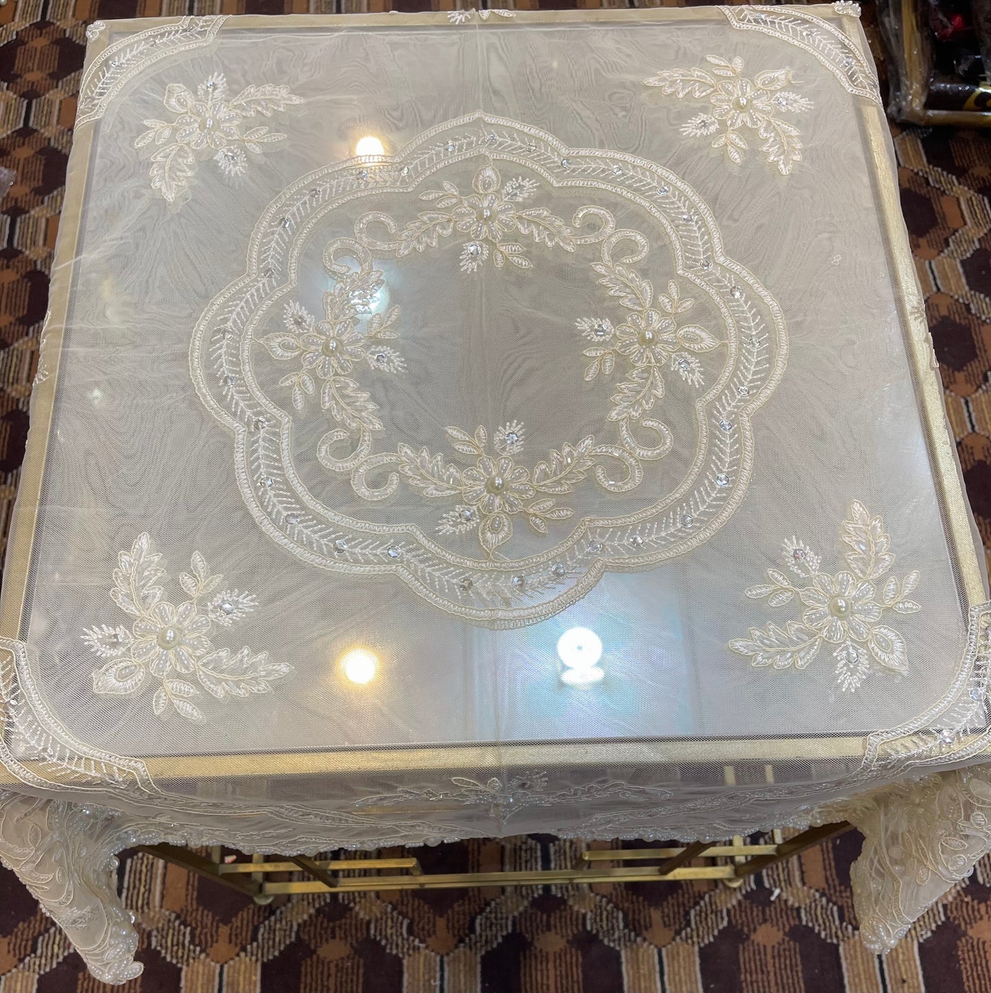 Square Table Fancy Beads Handmade Cover 3 Feet