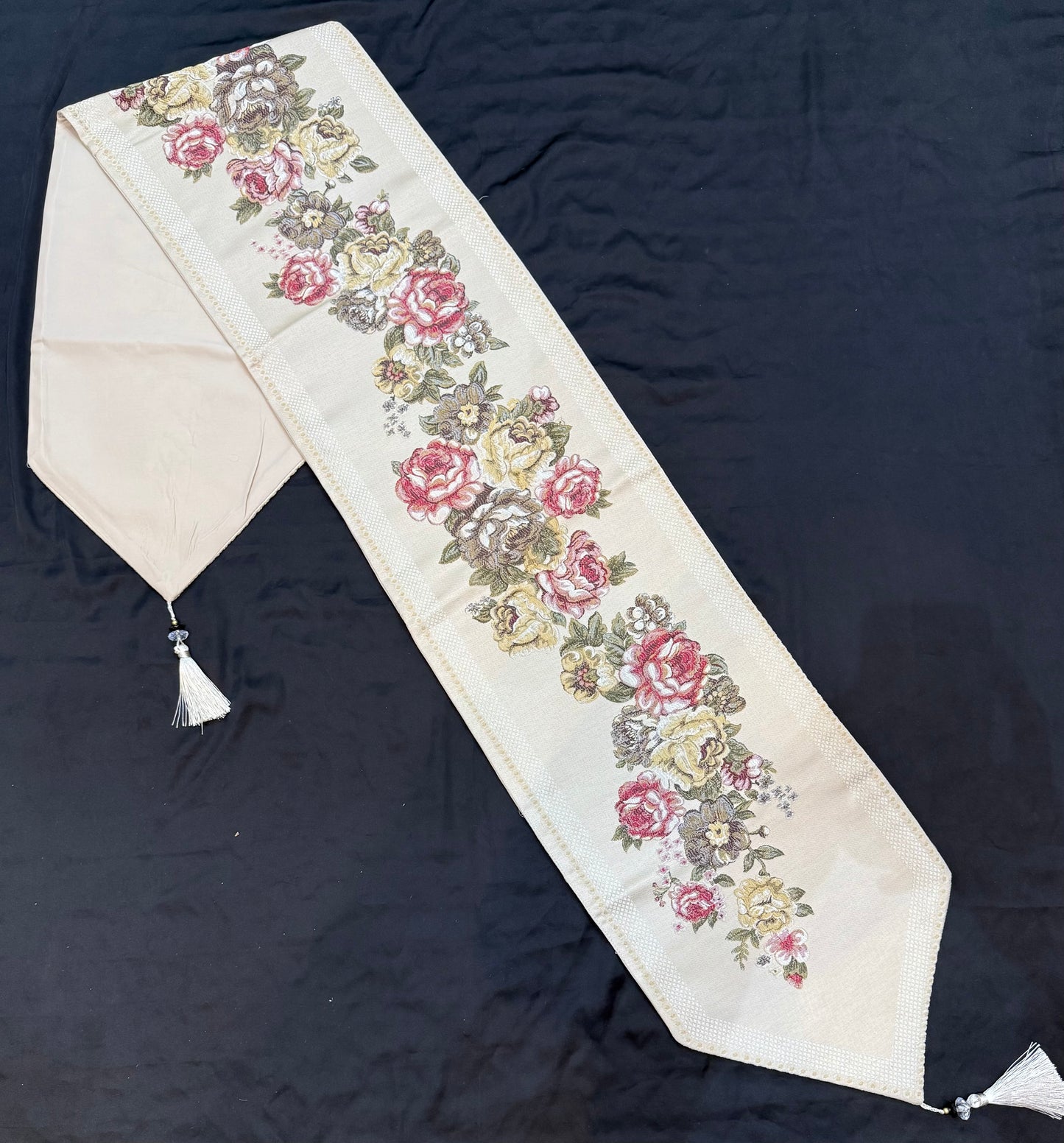 White Flower Velvet Shanghai Dining / Center Table Runner