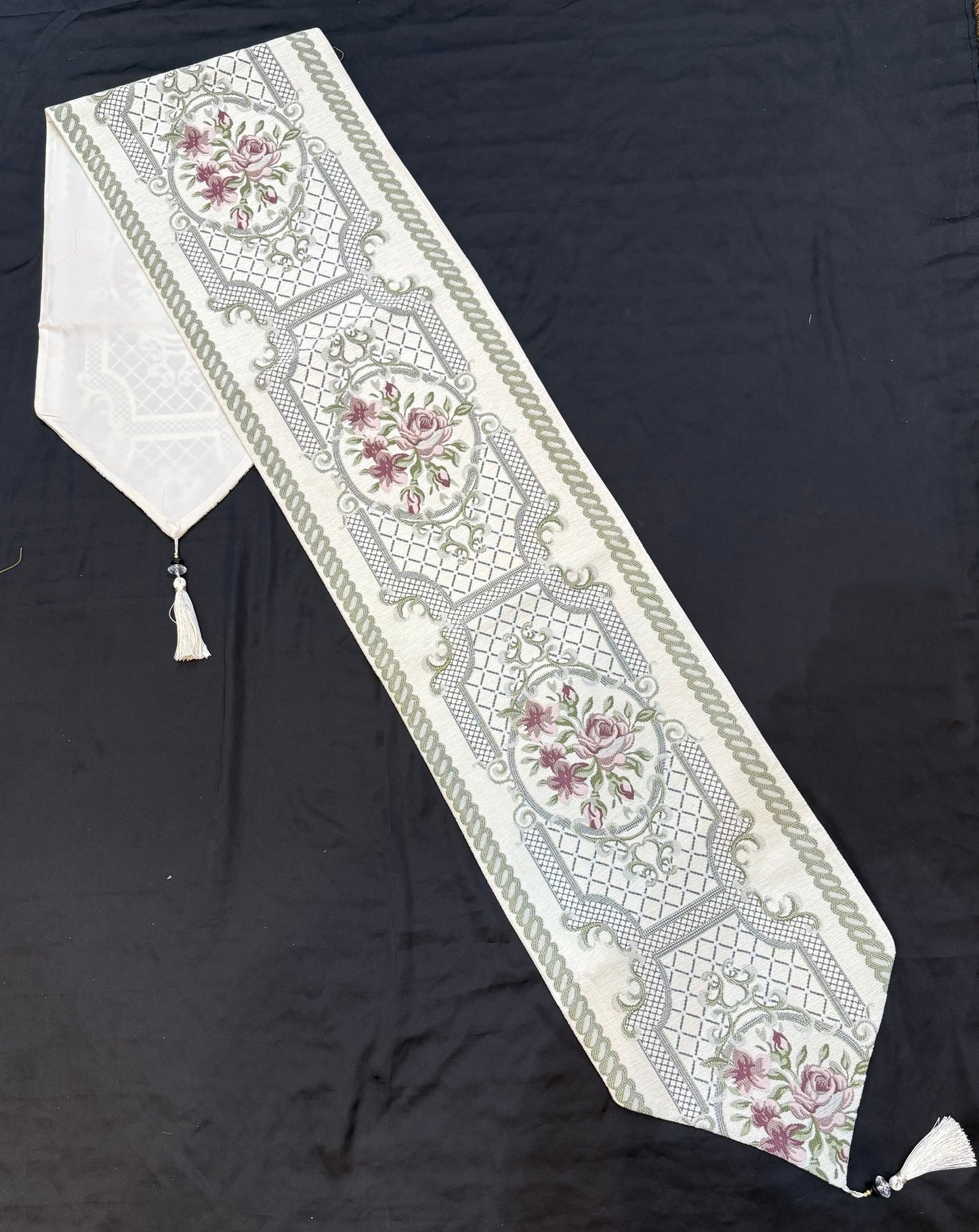 White Velvet Embroidered Dining Table Runner