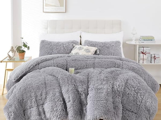 Shaggy 1 pc Soft Faux Fur Filled Quilt / Razai ( Light Grey ) King Size Ali Bedding Store