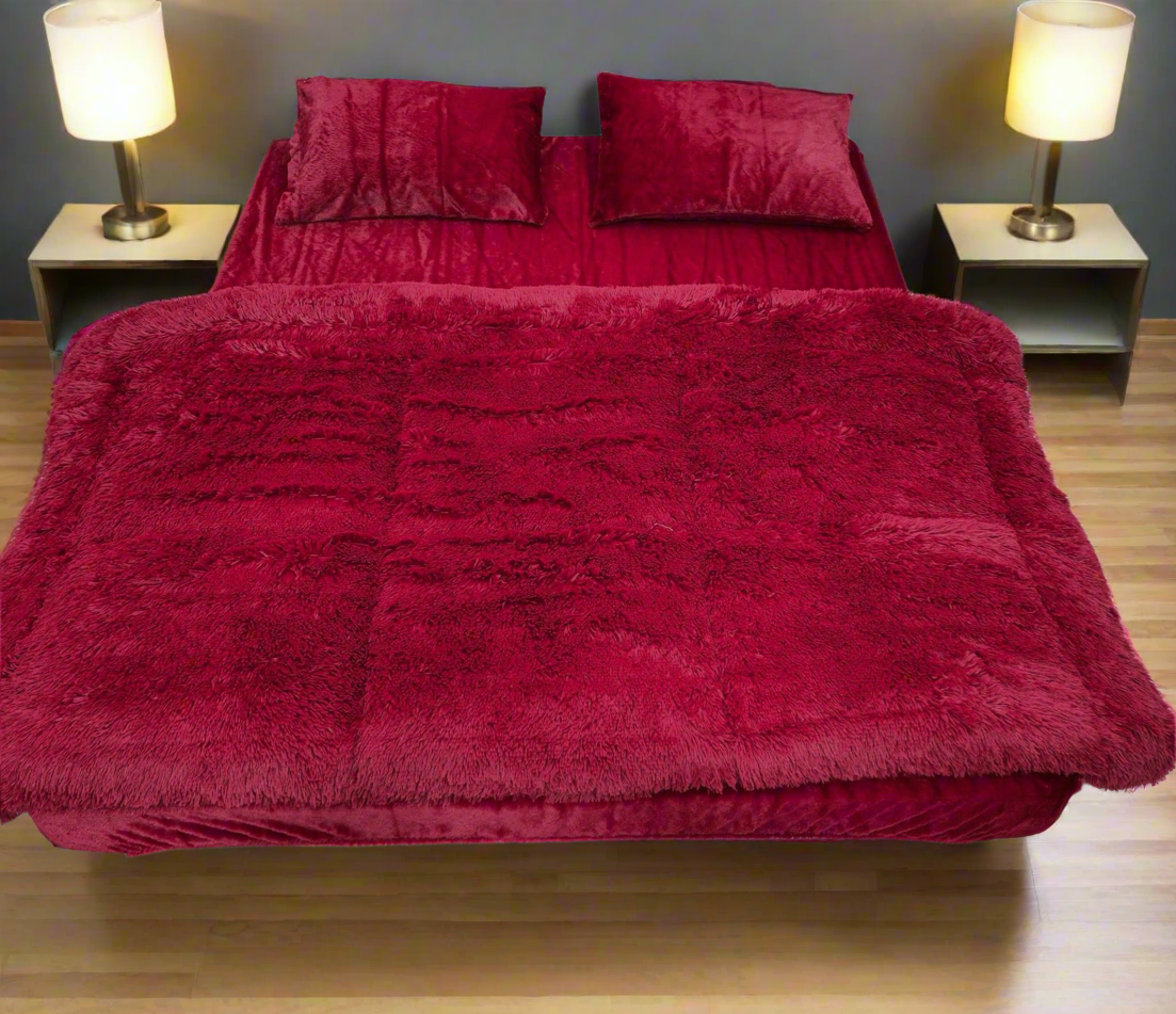 Complete 4pc Shaggy Soft Faux Fur Set ( Maroon )