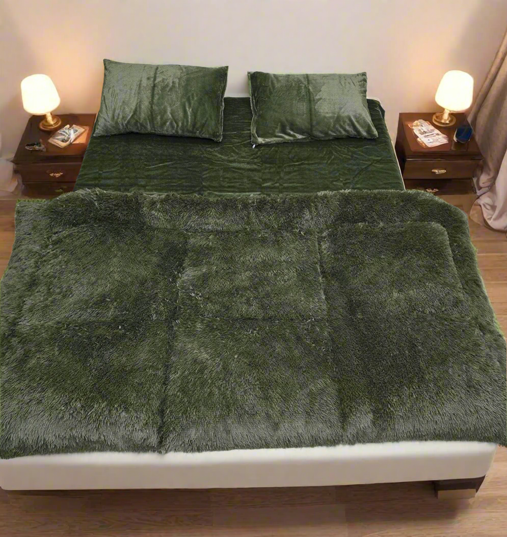 Complete 4pc Shaggy Soft Faux Fur Set ( Dark Green )