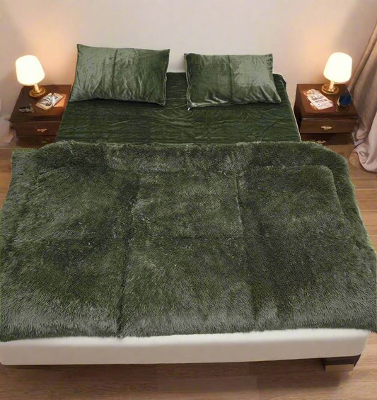 Complete 4pc Shaggy Soft Faux Fur Set ( Dark Green )