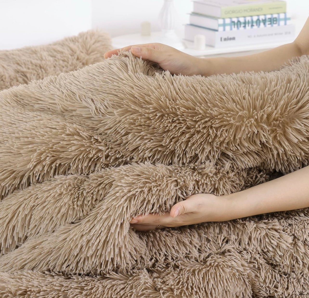 Shaggy 1 pc Soft Faux Fur Filled Quilt / Razai ( Light Brown ) King Size Ali Bedding Store