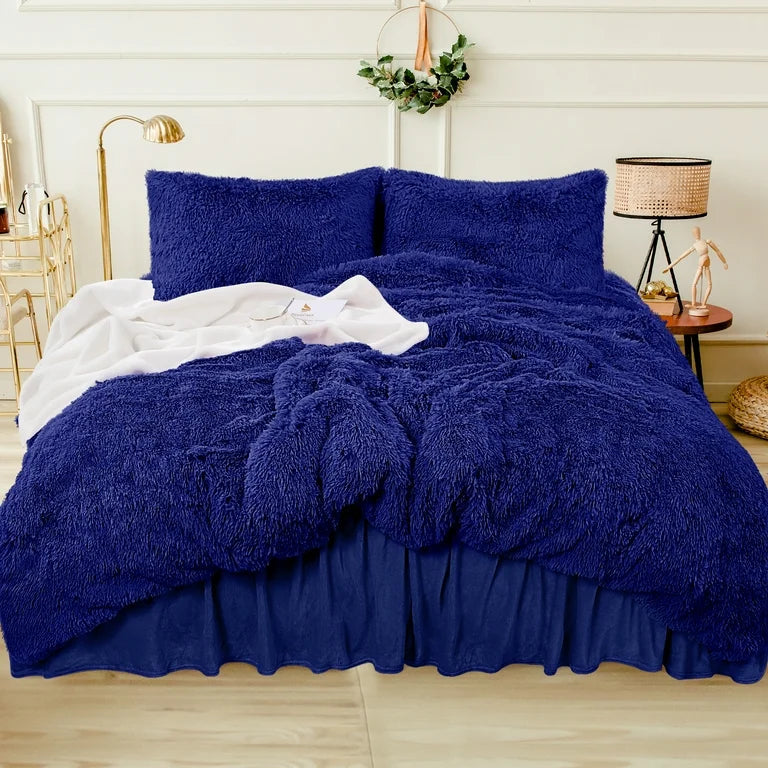 Shaggy 1 pc Soft Faux Fur Filled Quilt / Razai ( Blue ) King Size